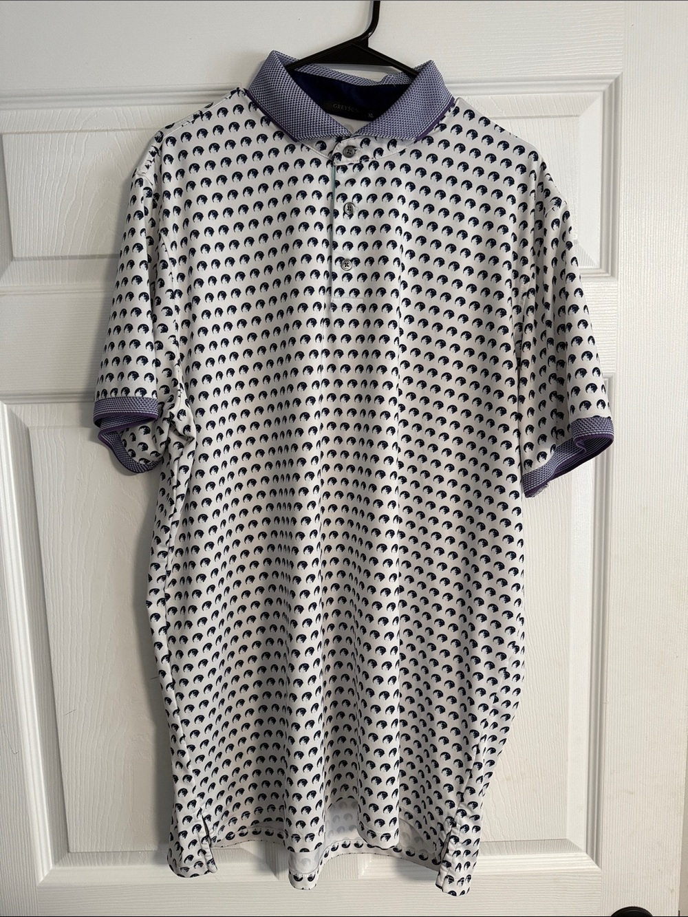 Greyson Men's XL White Polo Shirt Navy Dot Pattern